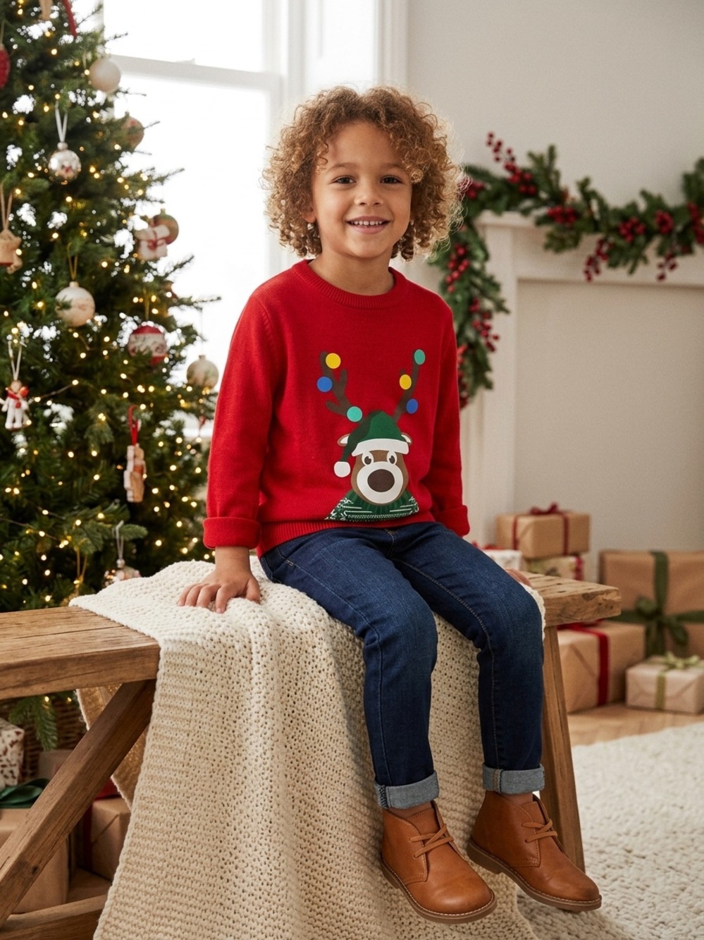 H&M Kids Reindeer Christmas Sweater 100% Cotton Red Size 5T/6 EUC